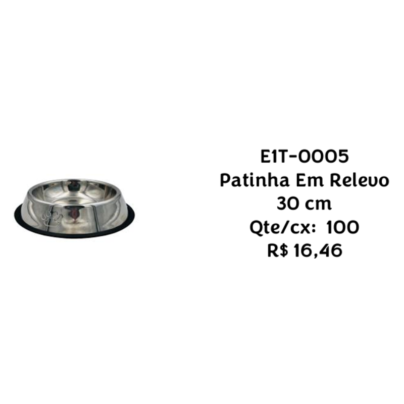 Comedouro Inox Patinha em Relevo 30cm EIT-0005 – Caixa com 100 Peças