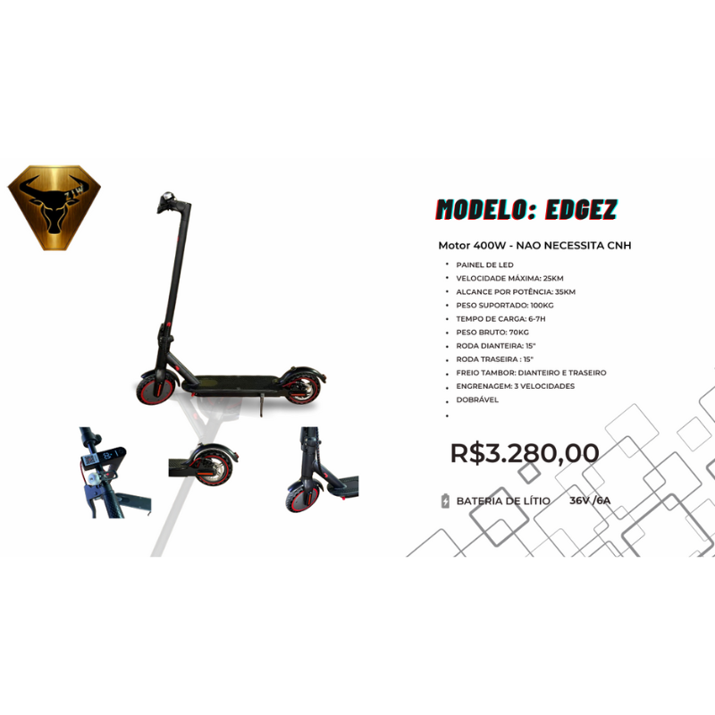 Patinete Elétrico EDGEZ 400W – Painel LED – Bateria Lítio 36V/6Ah (Sem CNH)