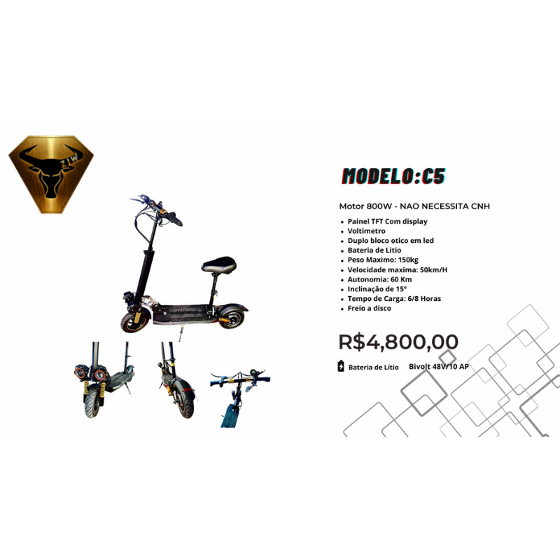 Patinete Elétrico C5 800W – Painel TFT – Bateria Lítio 48V/10Ah (Sem CNH)