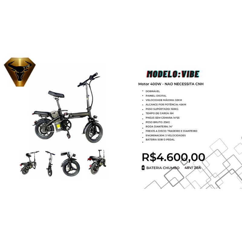 Bike Elétrica VIBE 400W – Painel Digital – Bateria 48V/20A (Sem CNH)