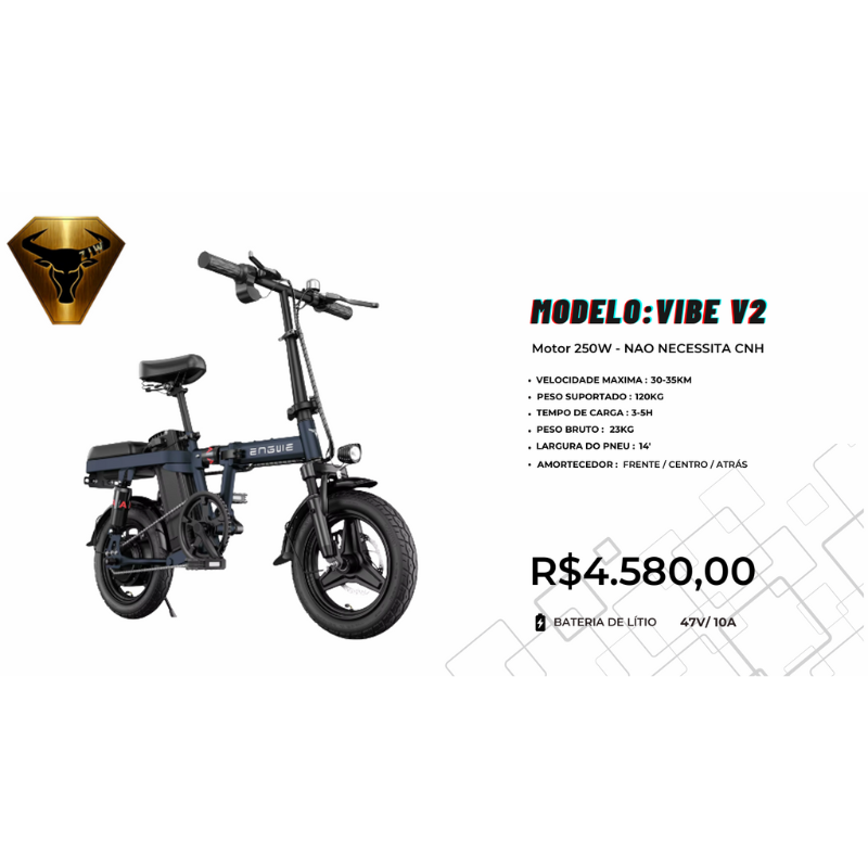 Bike Elétrica VIBE V2 250W – Bateria Lítio 48V/10A (Sem CNH)