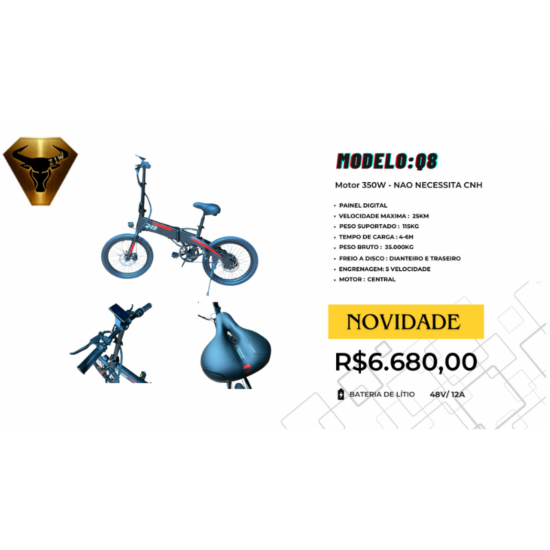 Bike Elétrica 08 350W – Painel Digital – Bateria Lítio 48V/12A (Sem CNH)
