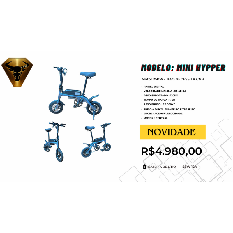 Bike Elétrica MINI HYPPER 250W – Painel Digital – Bateria Lítio 48V/12A (Sem CNH)