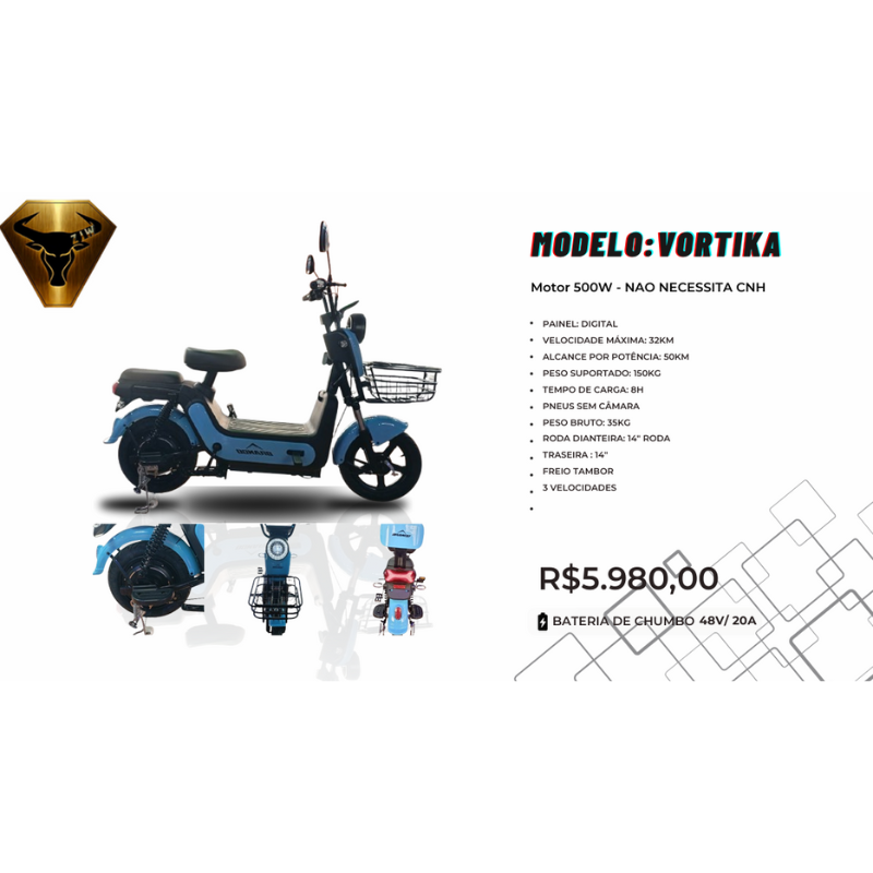 Scooter Elétrica VORTIKA 500W – Painel Digital – Bateria 48V/20A (Sem CNH)