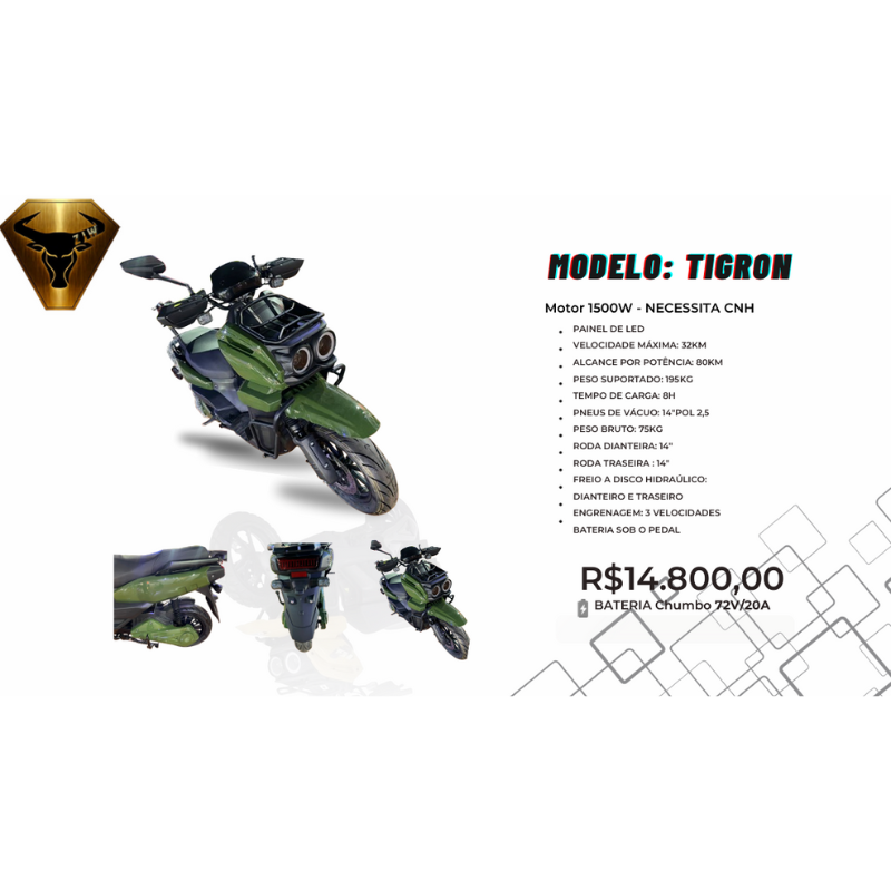 Moto Elétrica TIGRON 1500W – Painel LED – Bateria Chumbo 72V/20A (Sem CNH)