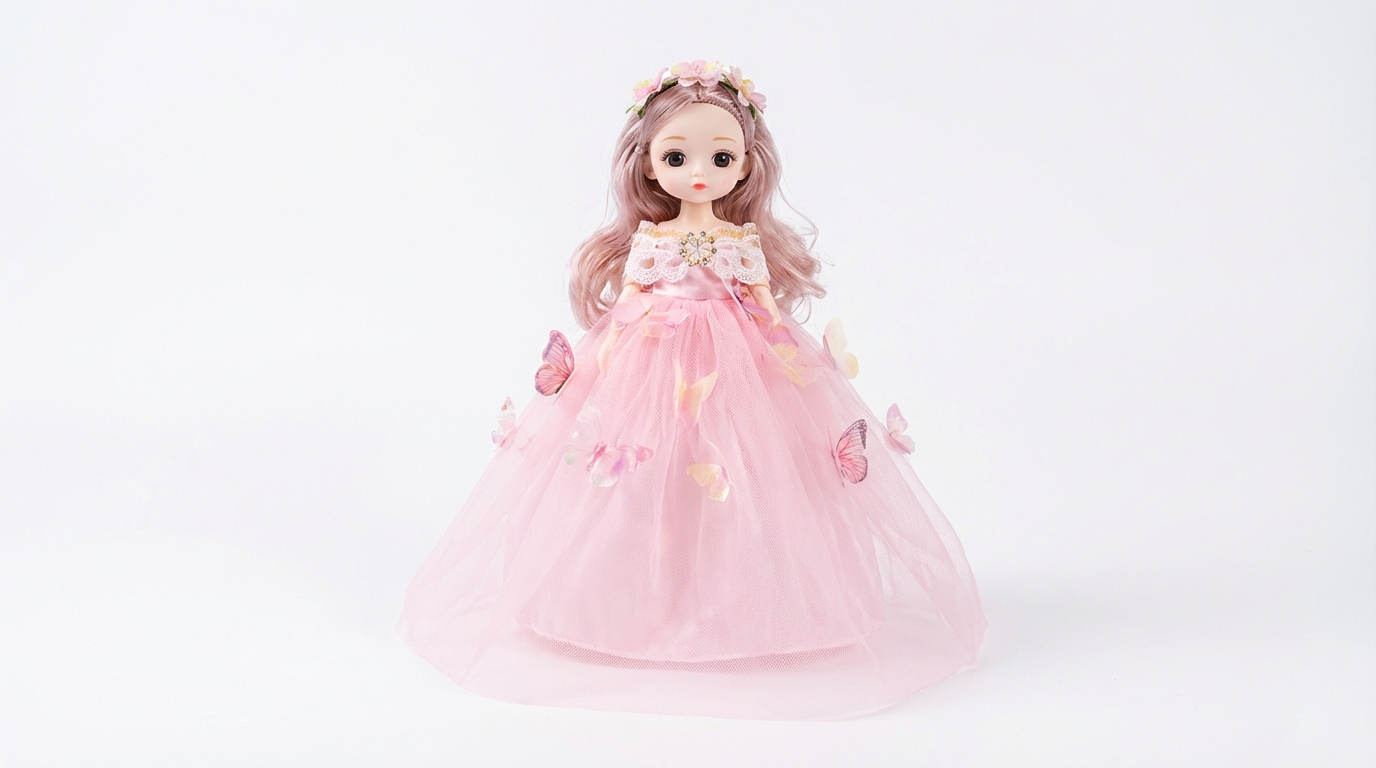 Boneca Princesa 30cm Vestido Bege/Rosa Claro – Kit 6 Peças (Qte/cx 108)