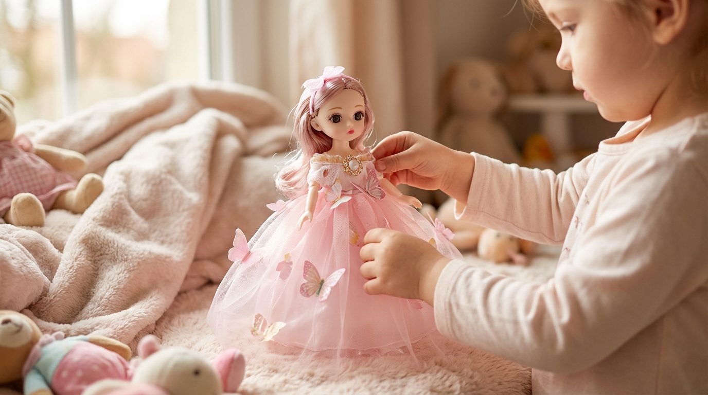 Boneca Princesa 30cm Vestido Bege/Rosa Claro – Kit 6 Peças (Qte/cx 108)