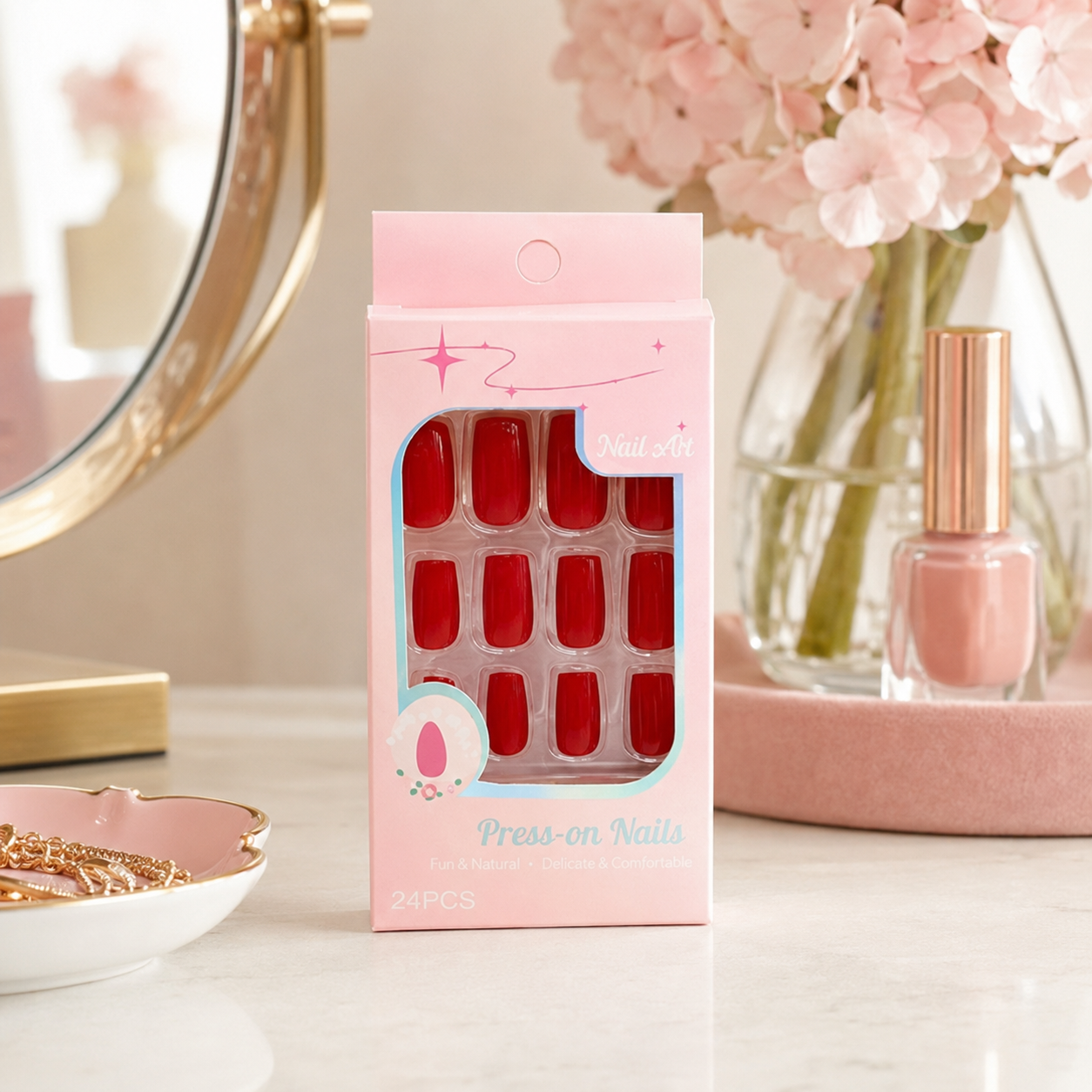 Unhas Press-on Nails Vermelhas Kit 24 Peças Dúzia 12 Kits