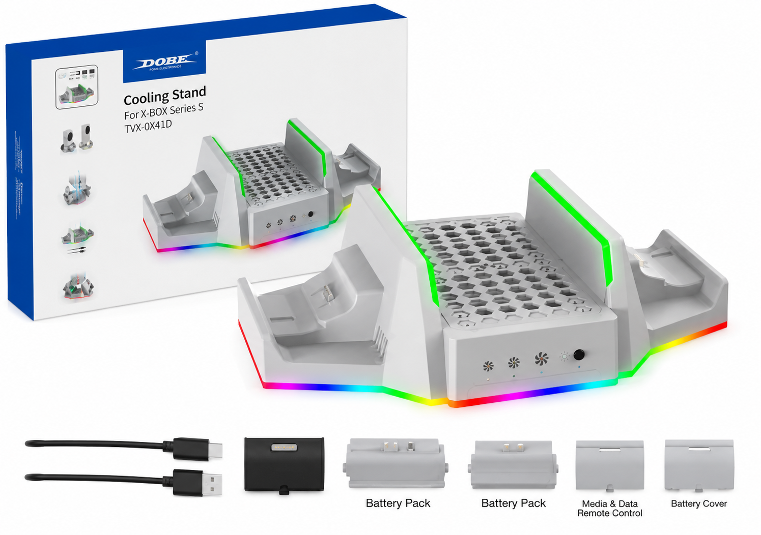 Base Vertical Resfriamento Xbox Series S com RGB e 2 Baterias Cx 20 Peças