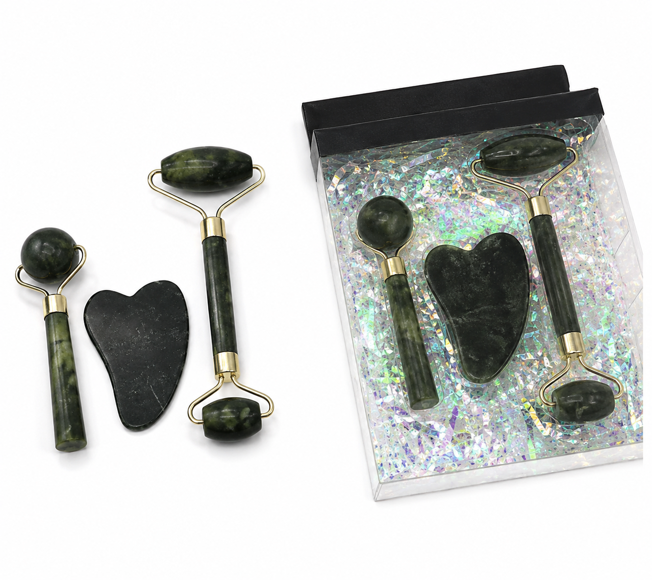 Kit Massageador Facial Jade Roller e Gua Sha Cx 20 Dúzias